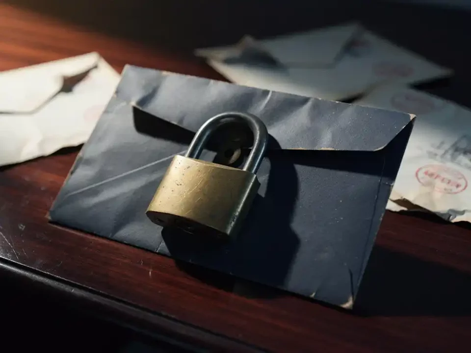 Vintage envelope sealed with a brass padlock on a mahogany desk beside red-stamped rejection letters in moody amber light.