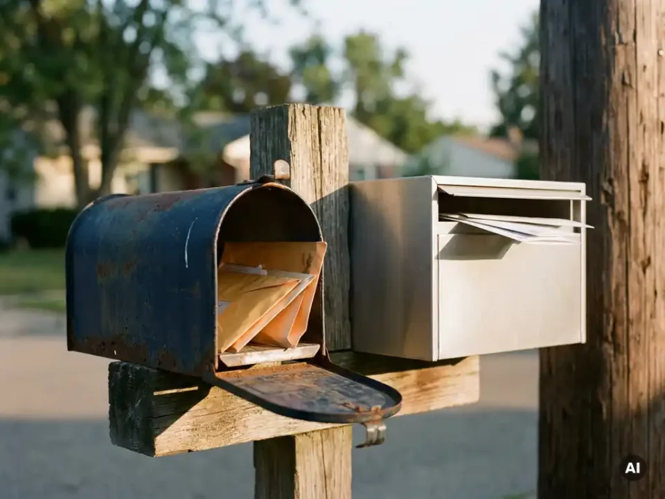 Vintage cracked mailbox and modern aluminum mailbox mounted side by side on a weathered post, envelopes transitioning between them.