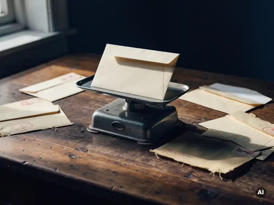 Vintage postal scale balancing a sealed envelope on a worn oak desk surrounded by open envelopes and red rejection stamps.
