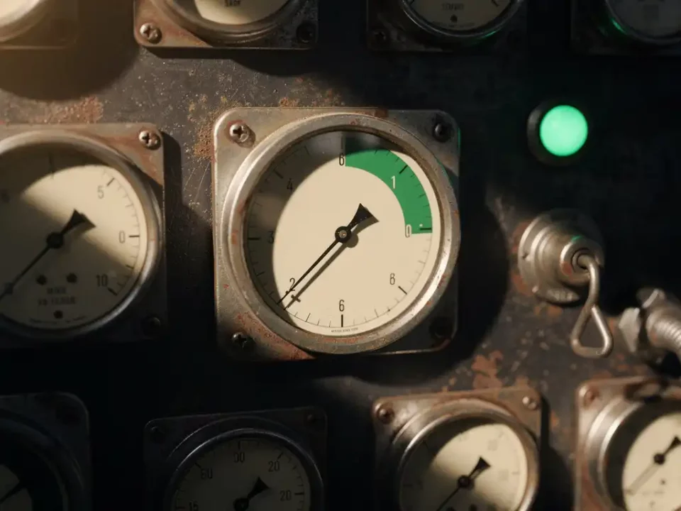 Vintage analog control panel with pressure gauges, central needle rising into green zone, worn patina metal under warm amber light.