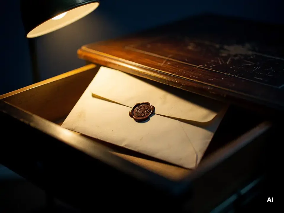 Sealed vintage envelope with faint wax seal resting in a half-open desk drawer, lit by warm amber lamplight against deep navy shadows.