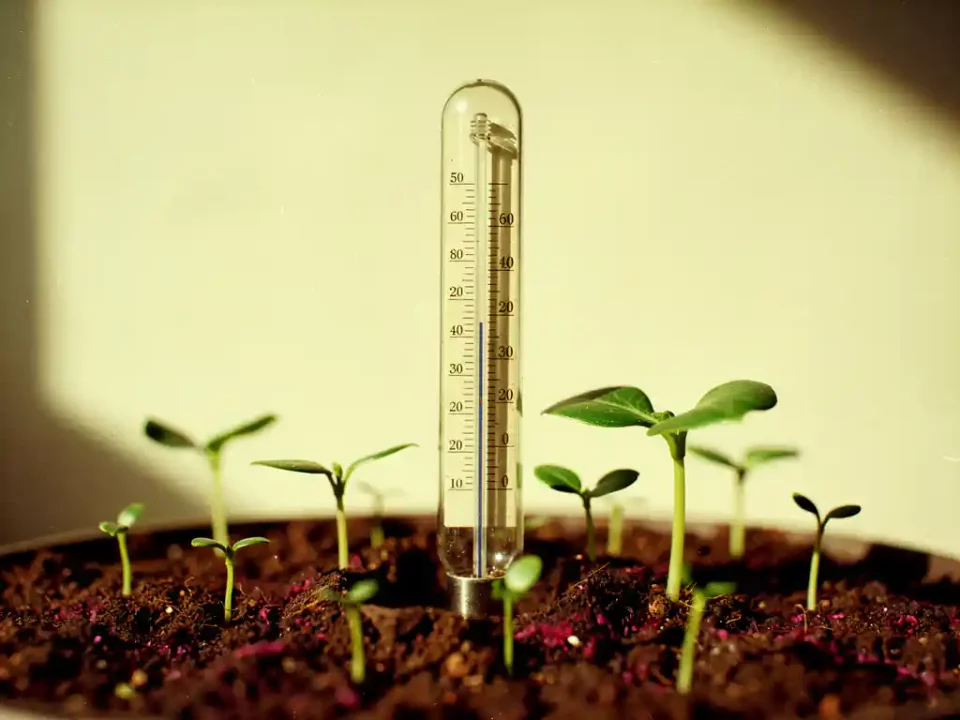 Vintage thermometer upright in rich soil surrounded by seedlings at various growth stages, symbolizing slow steady progress.