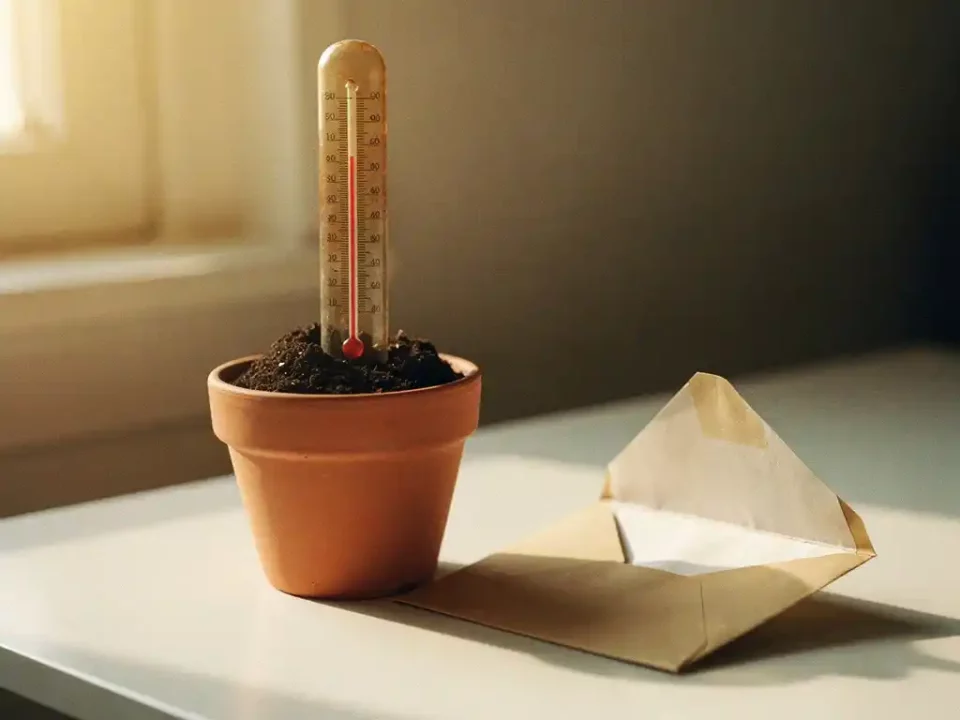 Vintage thermometer in a terracotta pot beside an opened envelope on a white desk, bathed in warm golden morning light.