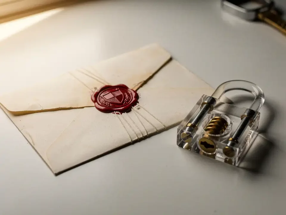 Vintage wax-sealed envelope with embossed shield beside a transparent padlock on a modern desk, symbolizing secure communication.
