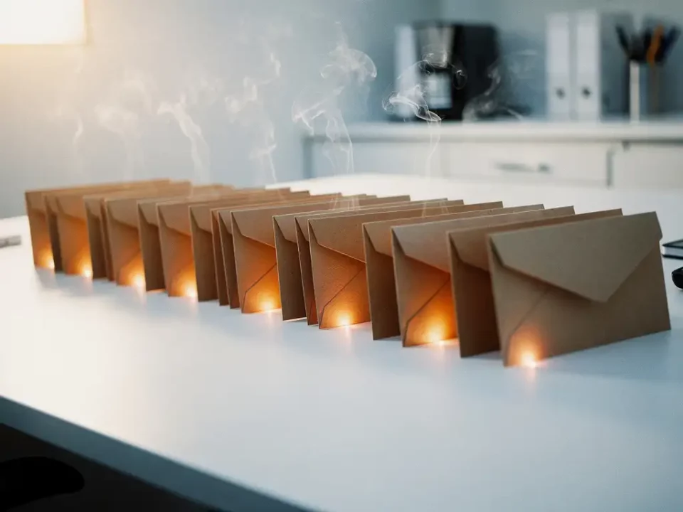 Row of email envelopes glowing with warm amber light and rising steam on a minimal white desk workspace.