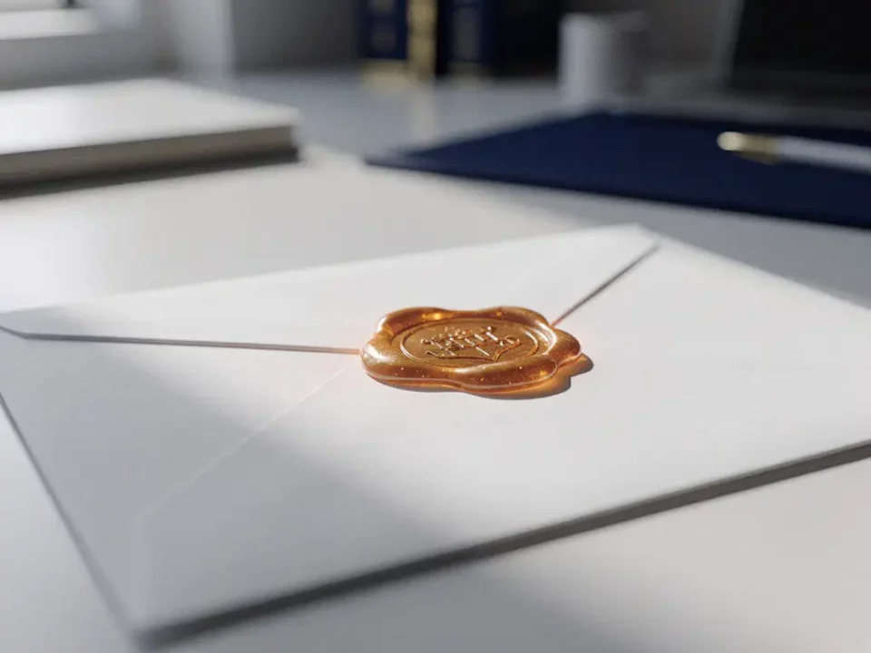 Sealed wax stamp in warm amber on a white envelope atop a modern desk, symbolizing authentication and trust.