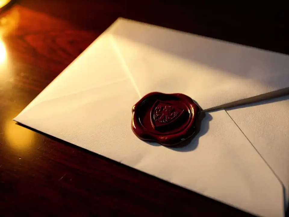 Burgundy wax seal with embossed shield on a white envelope, candlelight casting warm shadows across a mahogany desk.