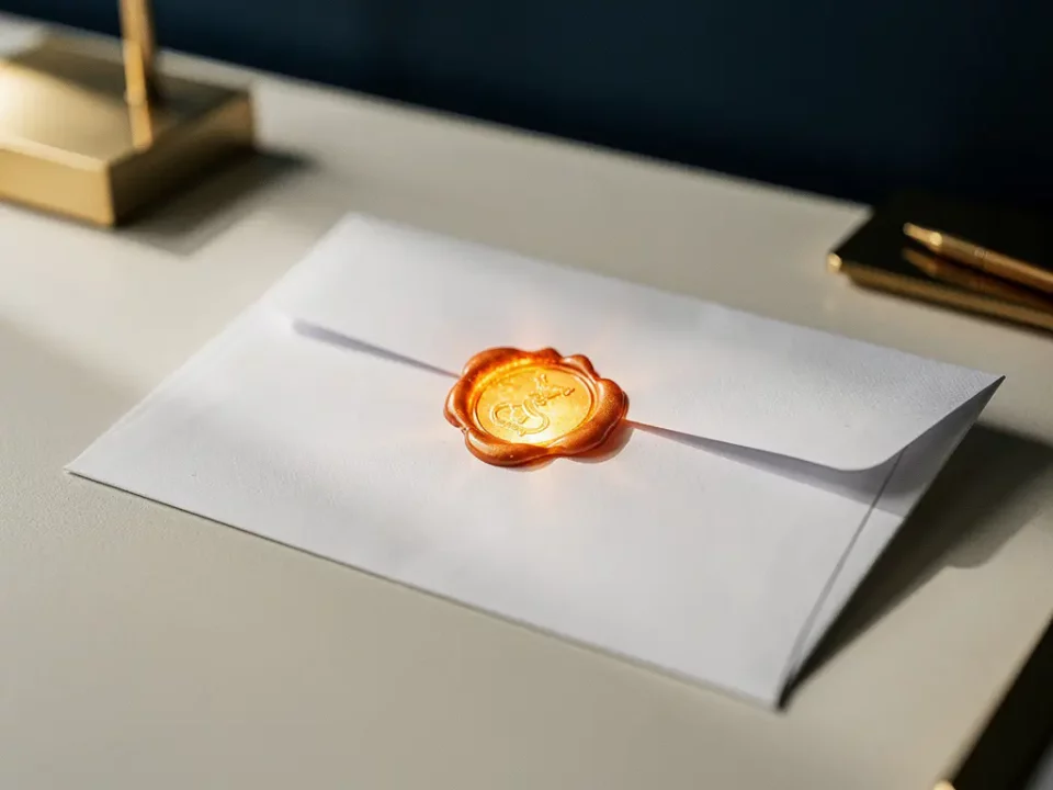 Sealed wax stamp glowing amber on a white envelope atop a modern desk, evoking authenticity and trust.