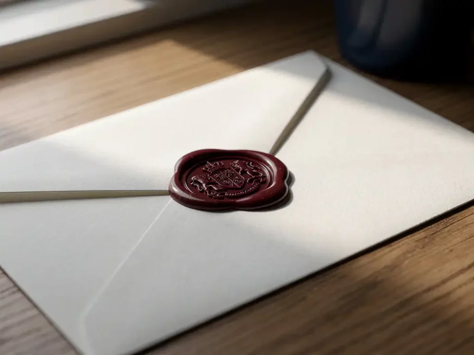 Burgundy wax seal stamp pressed on white envelope atop oak desk, casting sharp shadow in warm window light.