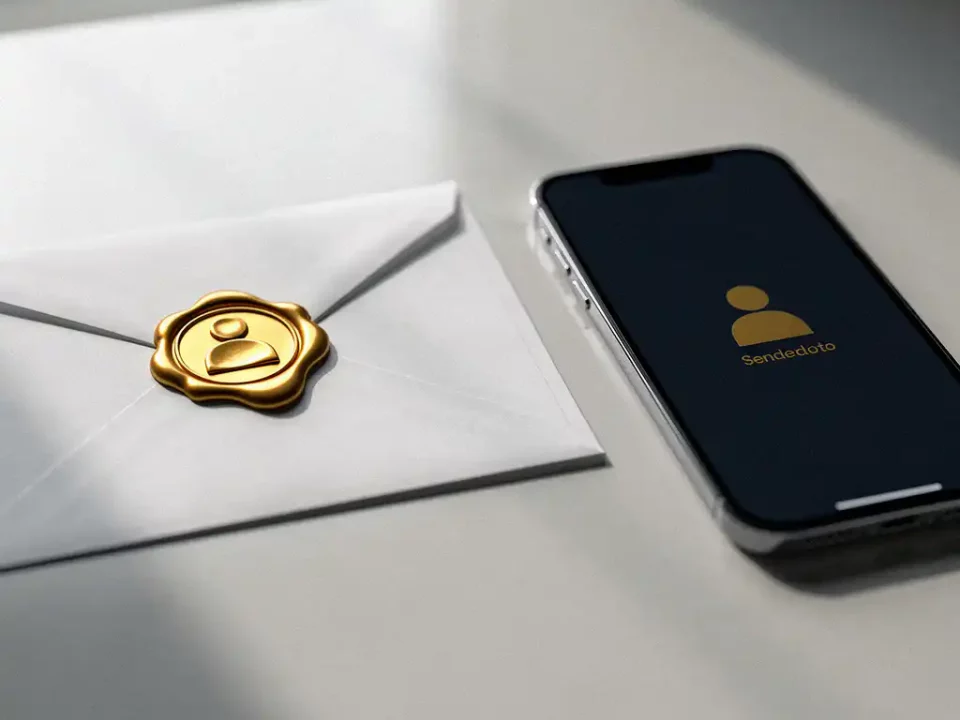 Golden wax seal on white envelope beside smartphone on modern desk, soft natural light highlighting warm gold and navy tones.