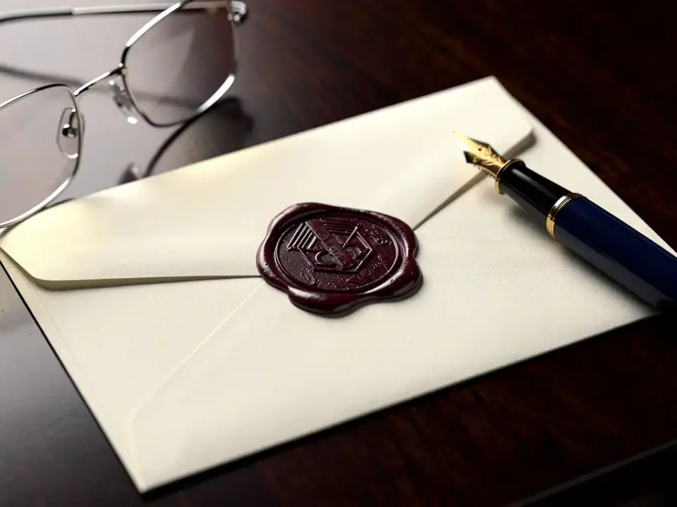Burgundy wax seal stamp on white envelope atop mahogany desk, with fountain pen and reading glasses nearby.