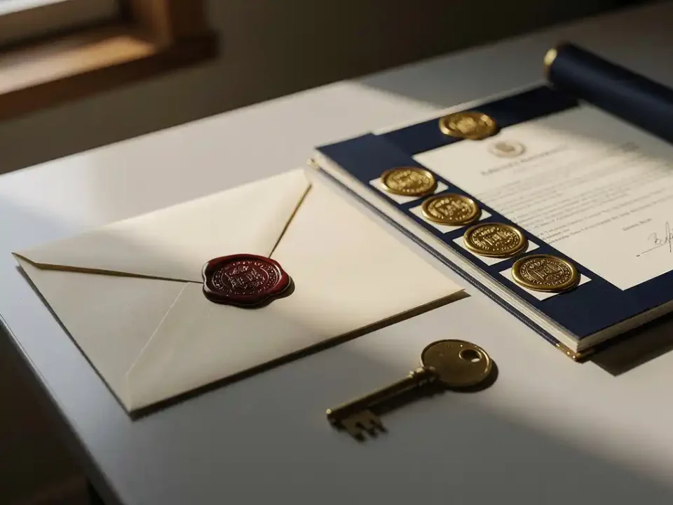 Sealed wax envelope and brass key beside official stamped documents on a modern desk, warm cream and navy tones in soft window light.