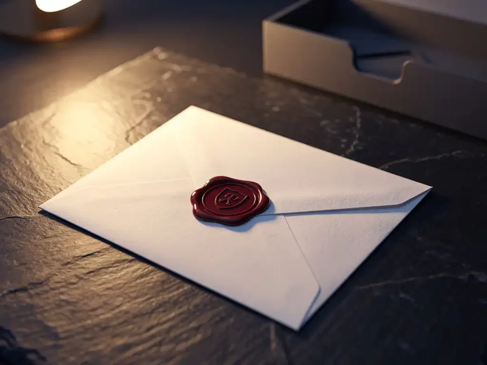 Sealed wax stamp with shield emblem on white envelope atop dark slate desk, lit by warm amber candlelight.
