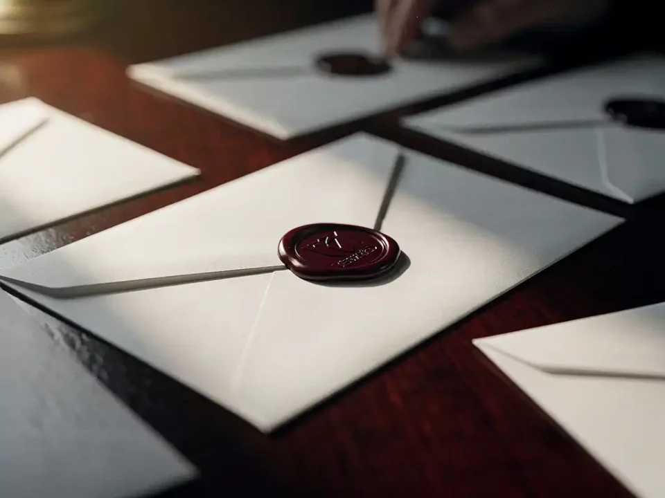 Deep burgundy wax seal pressed onto a white envelope atop a mahogany desk, with scattered envelopes softly blurred in the background.