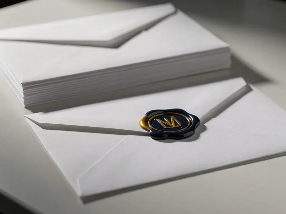 Gold wax seal stamp pressed on a white envelope atop a modern desk, with blurred stacked envelopes in navy and gold tones.