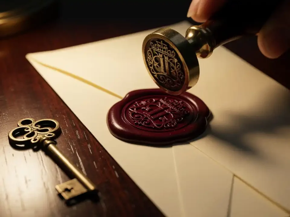 Wax seal stamp pressing burgundy wax onto a cream envelope beside a vintage brass key on a mahogany desk.