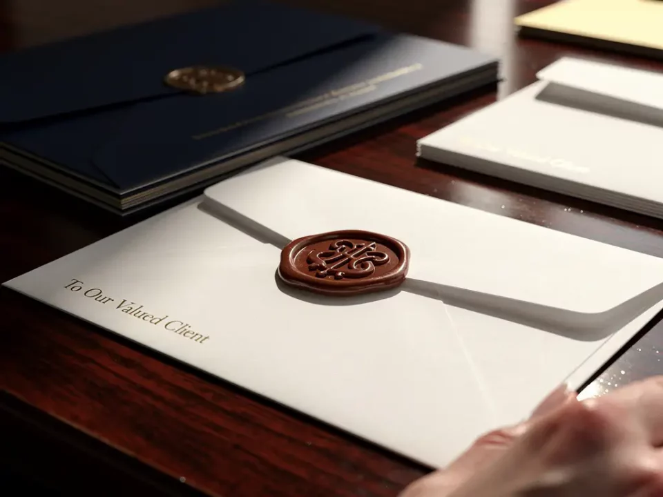 Red wax seal stamped on white envelope atop stacked authenticated mail on dark wood desk, gold and navy tones, warm side lighting.