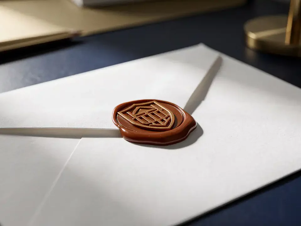 Deep navy wax seal stamped with an embossed shield emblem on a crisp white envelope, resting on a modern desk.