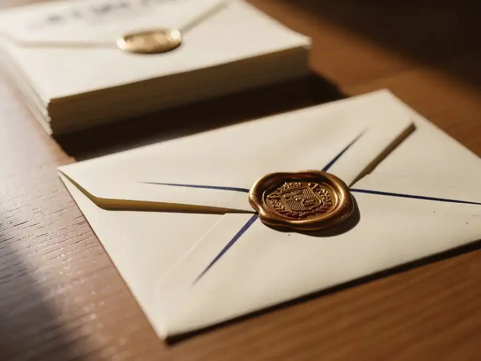 Deep navy wax seal stamped on a cream premium envelope on a wooden desk, warm gold emblem lit by soft natural light.