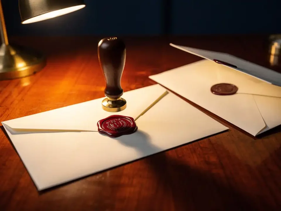Wax seal stamp pressing a crimson emblem onto a white envelope, with a rejected counterfeit envelope pushed aside on a mahogany desk.