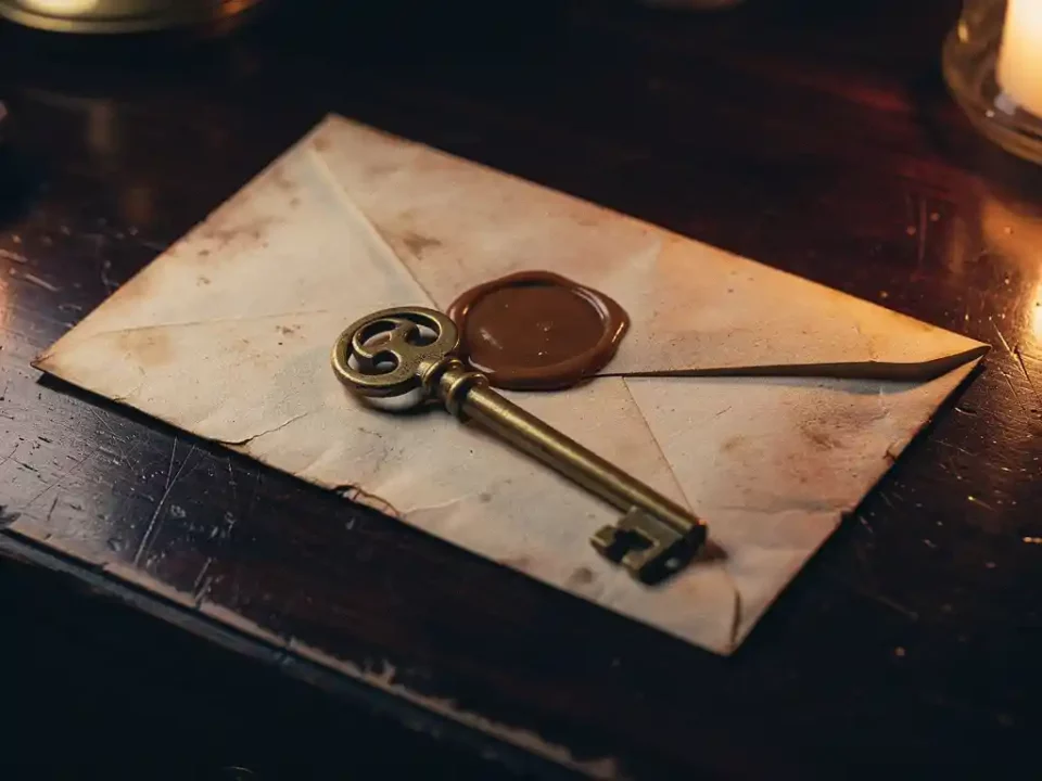 Sealed wax envelope on mahogany desk with brass skeleton key, lit by candlelight highlighting aged parchment texture in gold and navy tones.