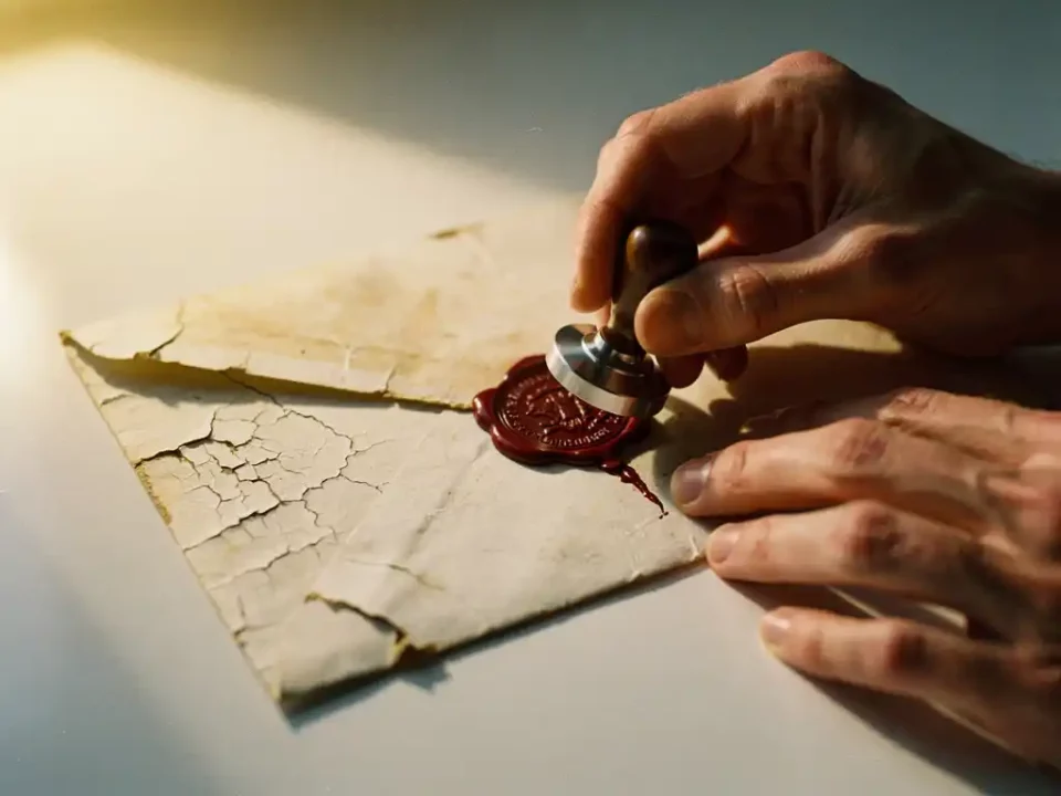 Weathered envelope with cracked wax seal being carefully re-stamped by hands on a white desk, warm amber tones, shallow depth of field.