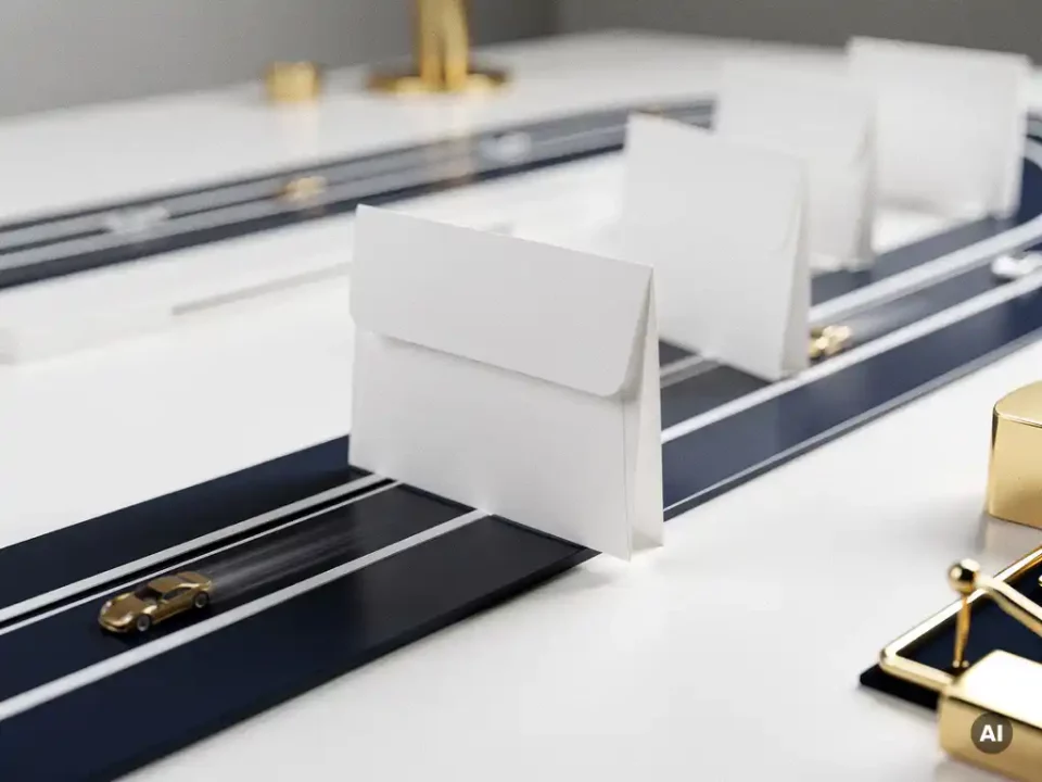 White envelope crossing the finish line of a miniature race track, other envelopes blurred behind it, navy and gold tones.
