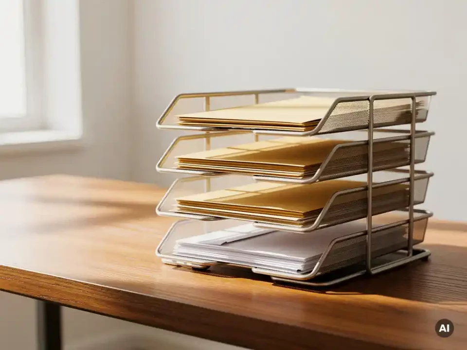 Wooden desk with five stacked inbox trays holding sorted paper envelopes at various processing stages, one tray empty, in warm amber tones.